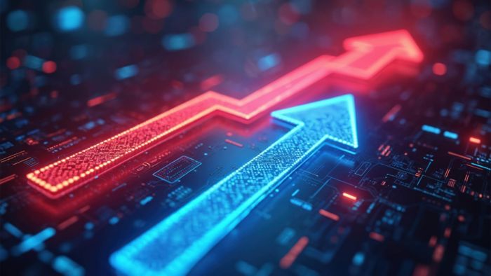 red and blue translucent arrows moving up and to the right